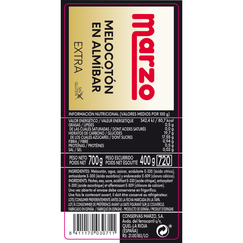 MELOCOTÓN EN ALMÍBAR A MITADES TARRO 6/700gr